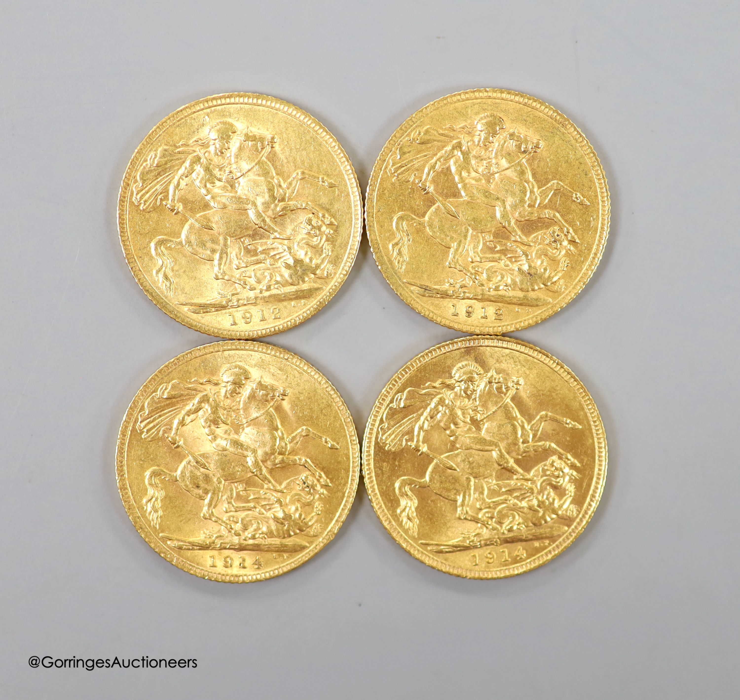 Four George V gold sovereigns, two 1912 and two 1914 (one Sydney mint)